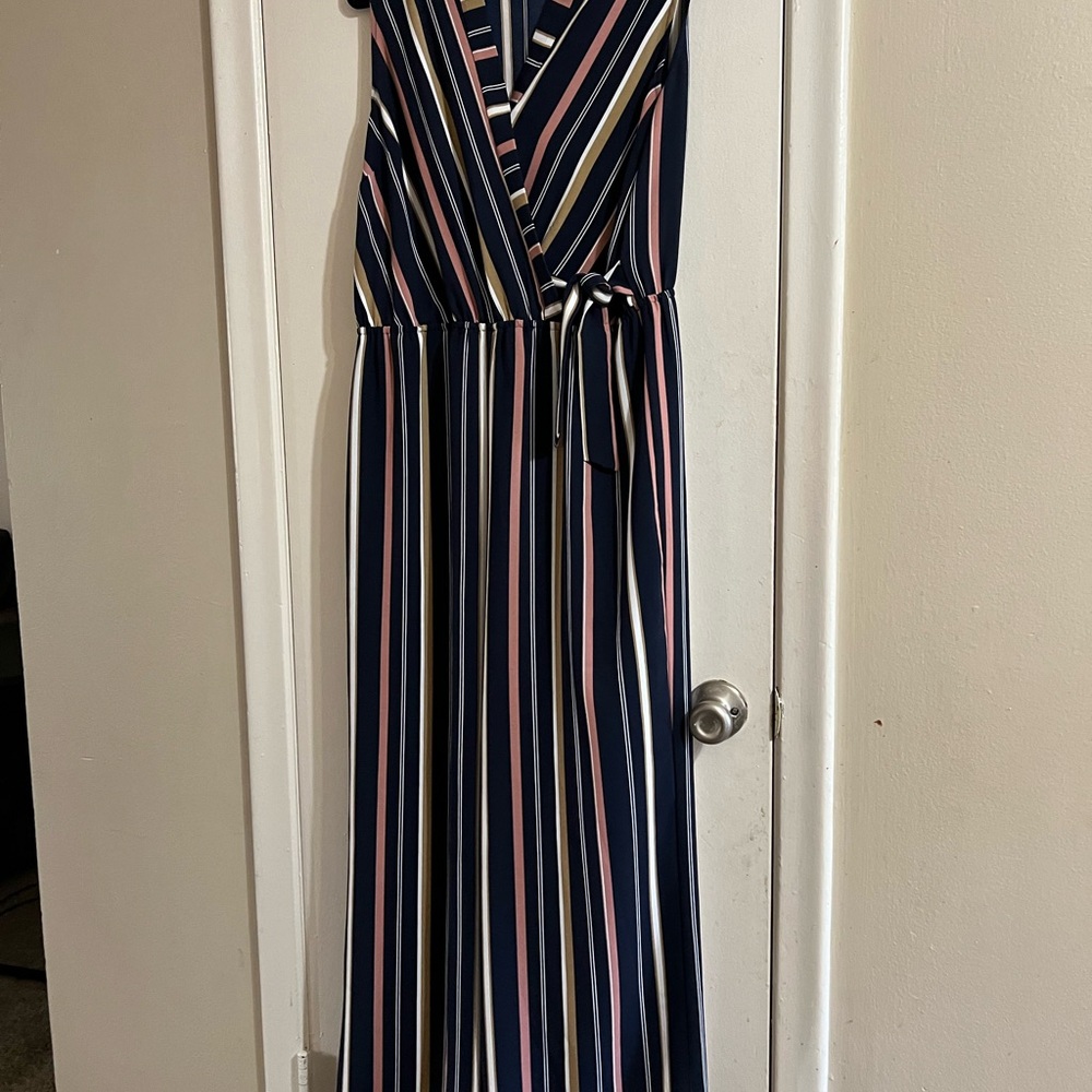 Navy blue, chiffon sleeveless long pant jumpsuit, large